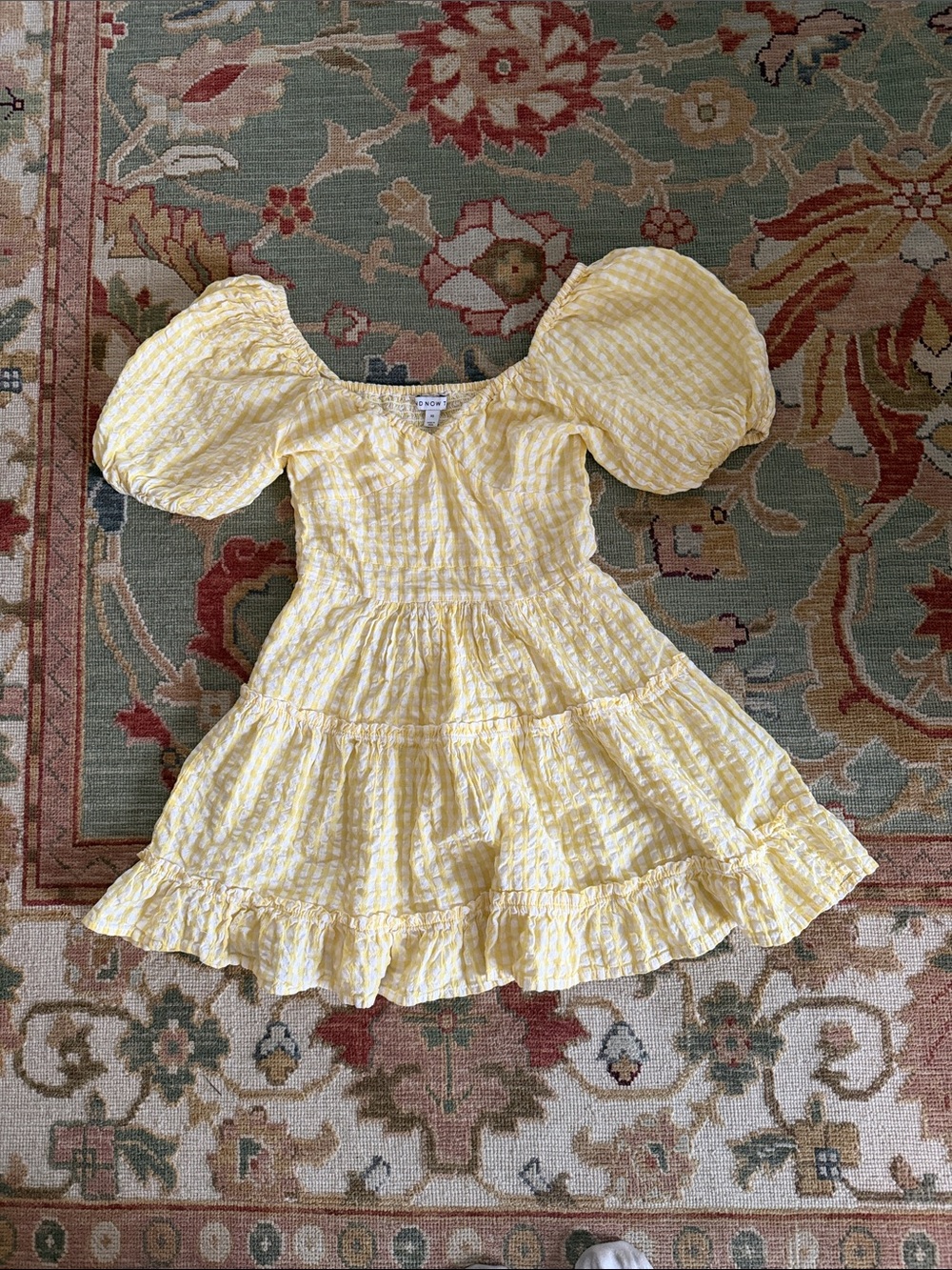 Gingham Puff-Sleeve Mini Dress in Soft Yellow